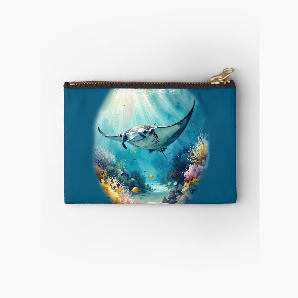 Item preview, Breathtaking watercolor manta ray coral reef tropical ocean underwater scene art print designed and sold by icemanphotos.