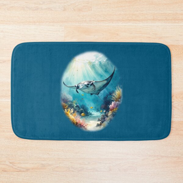 Item preview, Breathtaking watercolor manta ray coral reef tropical ocean underwater scene art print designed and sold by icemanphotos.