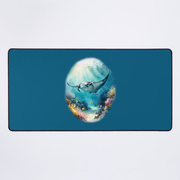 Item preview, Breathtaking watercolor manta ray coral reef tropical ocean underwater scene art print designed and sold by icemanphotos.