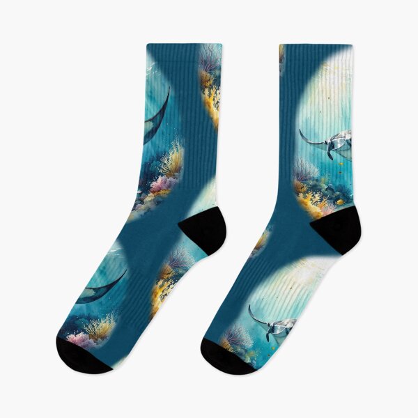 Item preview, Breathtaking watercolor manta ray coral reef tropical ocean underwater scene art print designed and sold by icemanphotos.