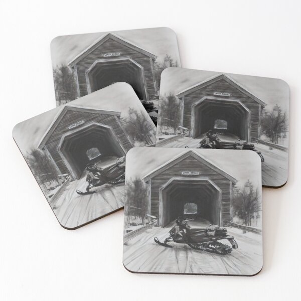 Item preview, Snowmobile in Covered Bridge - Charcoal Winter Art with Gold Accents designed and sold by CiaraCharcoal.