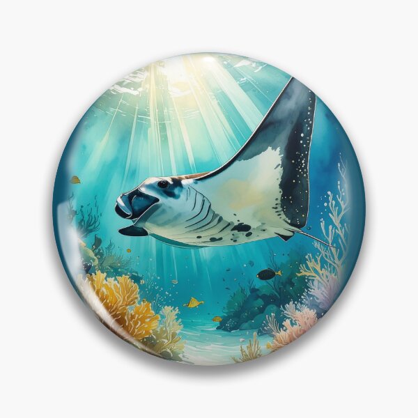 Item preview, Breathtaking watercolor manta ray coral reef tropical ocean underwater scene art print designed and sold by icemanphotos.