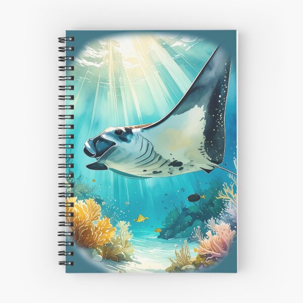 Item preview, Breathtaking watercolor manta ray coral reef tropical ocean underwater scene art print designed and sold by icemanphotos.