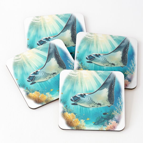 Item preview, Breathtaking watercolor manta ray coral reef tropical ocean underwater scene art print designed and sold by icemanphotos.