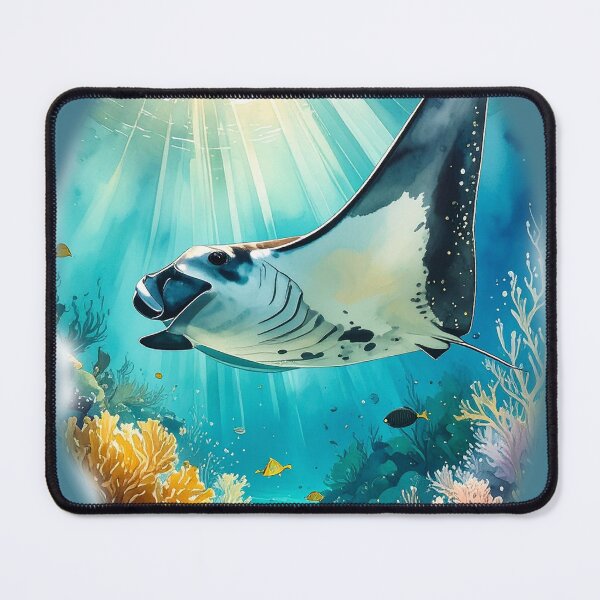 Item preview, Breathtaking watercolor manta ray coral reef tropical ocean underwater scene art print designed and sold by icemanphotos.