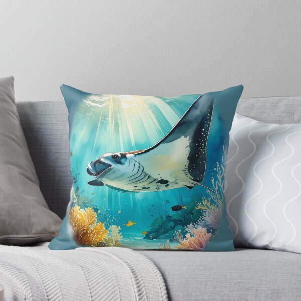 Item preview, Breathtaking watercolor manta ray coral reef tropical ocean underwater scene art print designed and sold by icemanphotos.