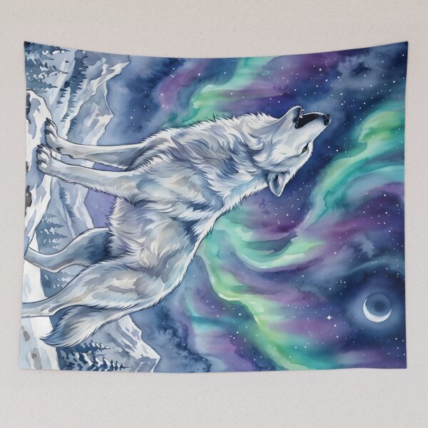 Item preview, Arctic Wolf Howling Northern Lights Aurora Night designed and sold by RubisLeaf.