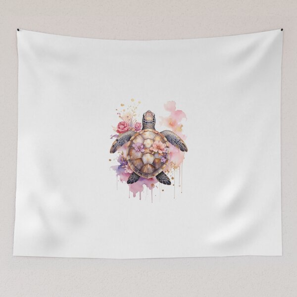 Item preview, Romantic floral watercolor sea turtle top view botanical shell ocean art print designed and sold by icemanphotos.