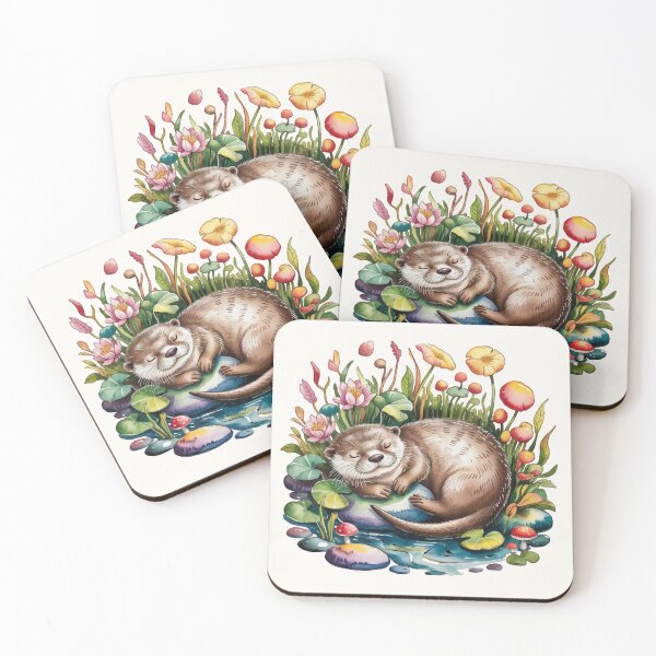 Item preview, Sleeping Otter Autumn Leaves Cottagecore River Art  designed and sold by CalmCapy Co.