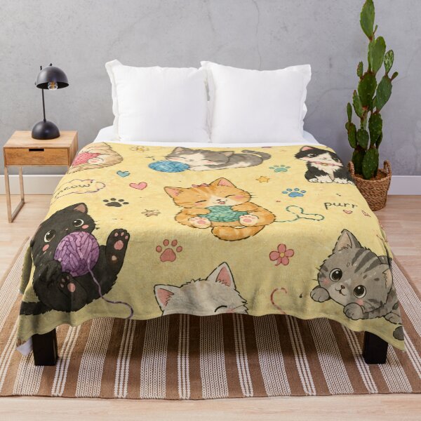 Item preview, Cute Cat Pattern Blanket | Cozy Kawaii Kitty Design | Pastel Yellow Cat Lover Throw Blanket designed and sold by IconicDesignsXd.