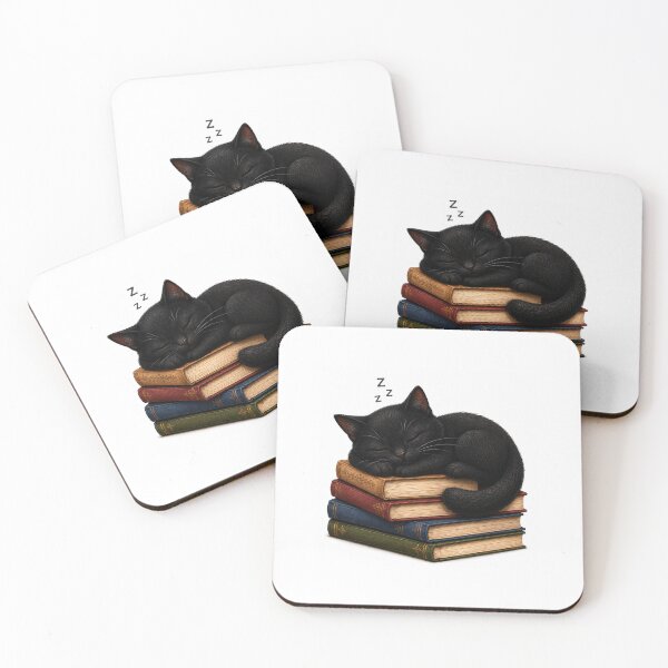 Item preview, Sleeping Black Cat Curled on Book Stack designed and sold by InkSpark212.
