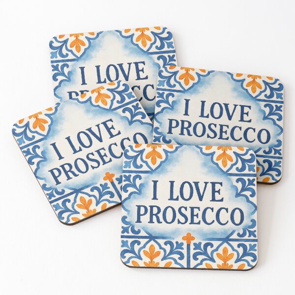 Item preview, I Love Prosecco – Watercolor Blue Mediterranean Tile Orange Accent Design designed and sold by EmeraldeaArt.