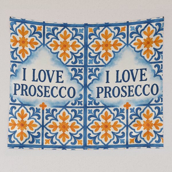 Item preview, I Love Prosecco – Watercolor Blue Mediterranean Tile Orange Accent Design designed and sold by EmeraldeaArt.