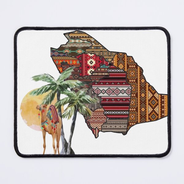Item preview, Saudi Arabia Map Art – Tribal Pattern Camel & Palm Desert Illustration designed and sold by CozyScribble.