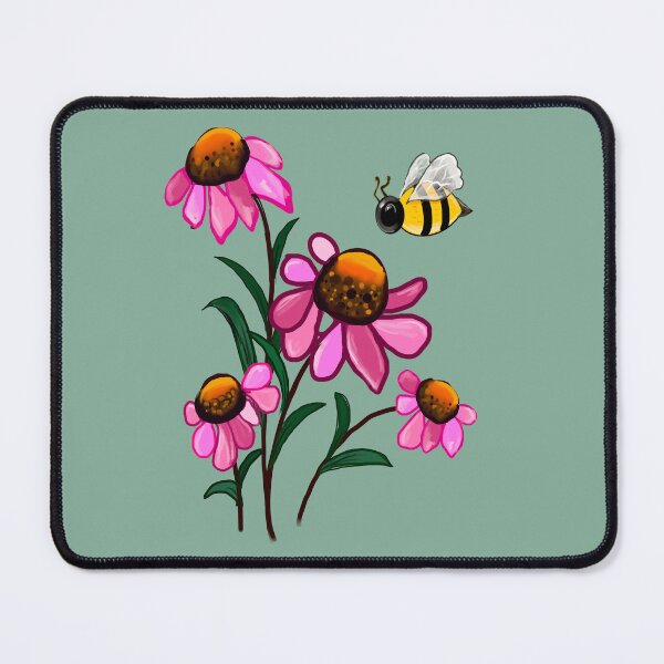 Item preview, Daisy Flowers of Summer Echinacea flower painting with honey bee - bouquet of pink blooms with green leaves and stem Botanical Garden Gardener Gardening daisies designed and sold by Artonmytee.