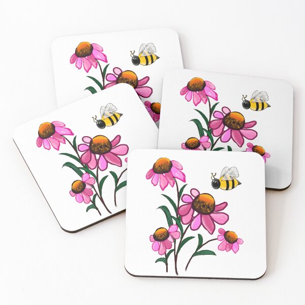 Item preview, Daisy Flowers of Summer Echinacea flower painting with honey bee - bouquet of pink blooms with green leaves and stem Botanical Garden Gardener Gardening daisies  designed and sold by Artonmytee.