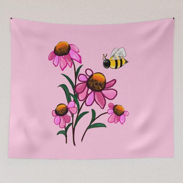 Item preview, Daisy Flowers of Summer Echinacea flower painting with honey bee - bouquet of pink blooms with green leaves and stem Botanical Garden Gardener Gardening daisies  designed and sold by Artonmytee.