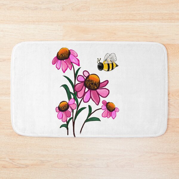Item preview, Daisy Flowers of Summer Echinacea flower painting with honey bee - bouquet of pink blooms with green leaves and stem Botanical Garden Gardener Gardening daisies  designed and sold by Artonmytee.