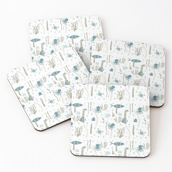 Item preview,  Seamless pattern with funny cartoon animals. Seamless underwater pattern with hand-drawn marine elements including fish, octopus, seaweed, coral, and bubbles on a teal background.  designed and sold by TaniaArtDesign.
