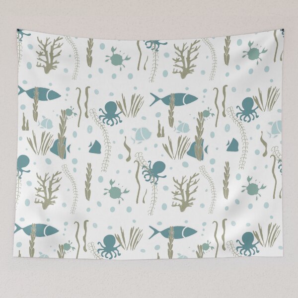 Item preview,  Seamless pattern with funny cartoon animals. Seamless underwater pattern with hand-drawn marine elements including fish, octopus, seaweed, coral, and bubbles on a teal background.  designed and sold by TaniaArtDesign.