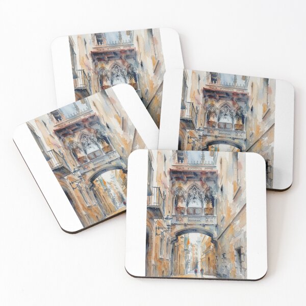 Item preview, Carrer del Bisbe with Gothic Bridge in Barcelona - Watercolor Scene designed and sold by caracatita75.