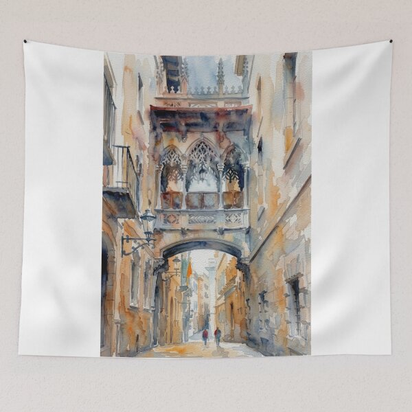 Item preview, Carrer del Bisbe with Gothic Bridge in Barcelona - Watercolor Scene designed and sold by caracatita75.