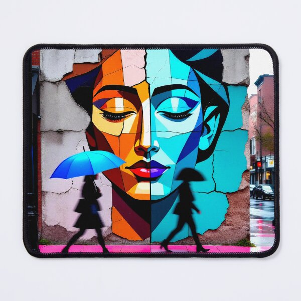 Item preview, Urban Duality – Geometric Female Face Mural on Cracked Wall, Silhouettes in the Rain - Digital art designed and sold by Gabi.Media.