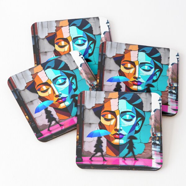 Item preview, Urban Duality – Geometric Female Face Mural on Cracked Wall, Silhouettes in the Rain - Digital art designed and sold by Gabi.Media.