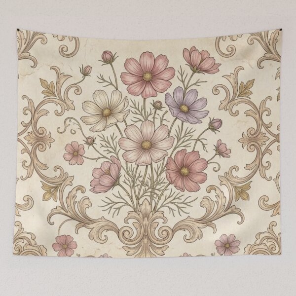 Item preview, Cosmos Flowers Vintage Damask Floral Aesthetic designed and sold by MAGICKEY2024.