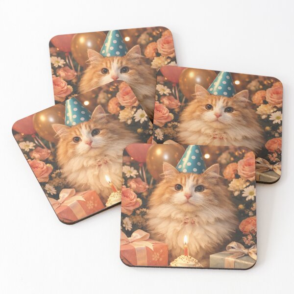 Item preview, Happy cat celebrates birthday with cupcakes and balloons designed and sold by Mauswohn.
