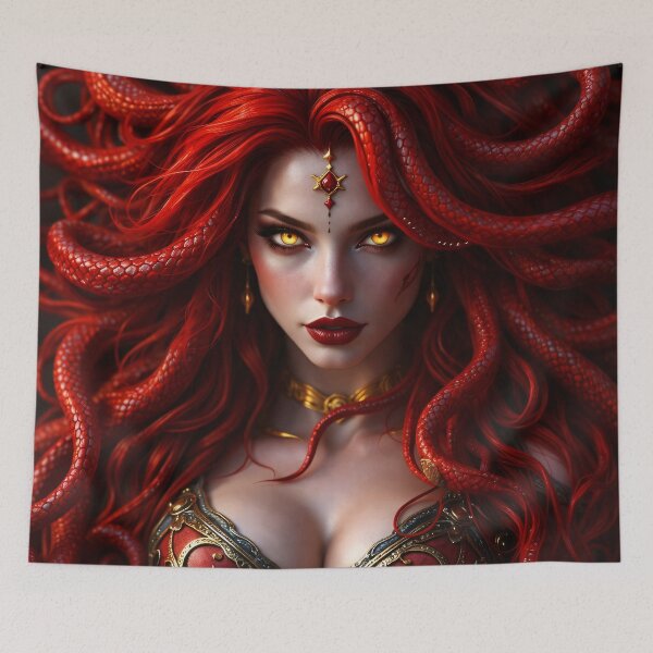 Item preview, Red Medusa Queen Portrait with Serpent Hair – Dark Fantasy Mythology Art designed and sold by Kaleidoscope Print.