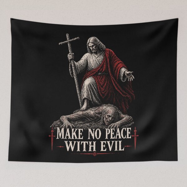 Item preview, Make no Peace with Evil - Jesus Christ the King Destroying False gods in Christian Metal designed and sold by Blood Washed Apparel.