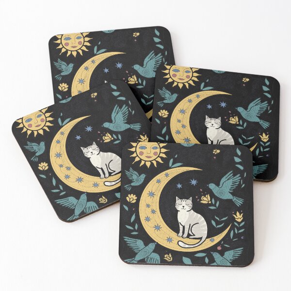 Item preview, Celestial Cat on Gold Moon – Whimsical Folk Art Illustration designed and sold by LeshanArt.