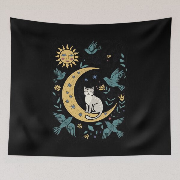 Item preview, Celestial Cat on Gold Moon – Whimsical Folk Art Illustration designed and sold by LeshanArt.