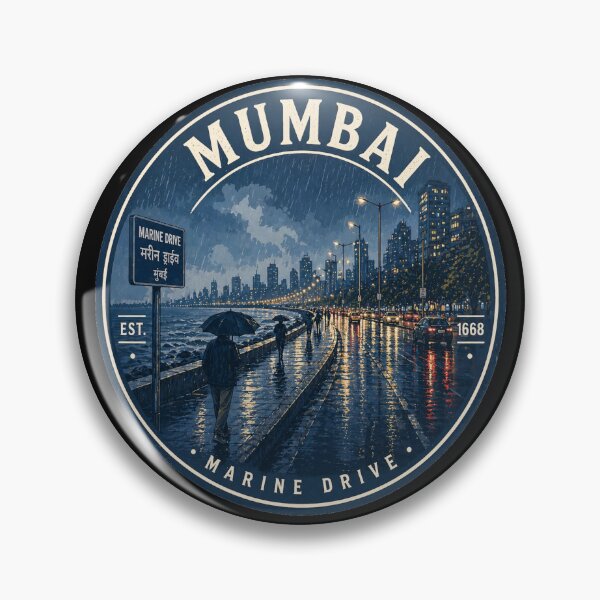 Item preview, Mumbai Marine Drive Monsoon Night – Rainy Cityscape Vintage Badge Design | India Travel Art designed and sold by Globalcitytees.