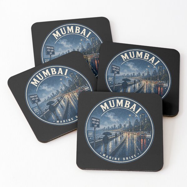 Item preview, Mumbai Marine Drive Monsoon Night – Rainy Cityscape Vintage Badge Design | India Travel Art designed and sold by Globalcitytees.