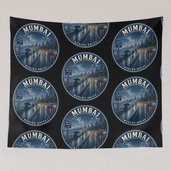 Item preview, Mumbai Marine Drive Monsoon Night – Rainy Cityscape Vintage Badge Design | India Travel Art designed and sold by Globalcitytees.