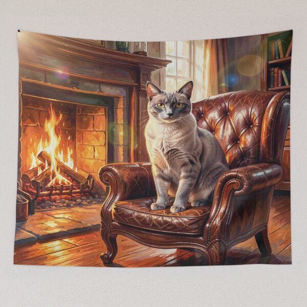 Item preview, Cozy fireplace cat art in a warm gouache style for cozy home vibes. designed and sold by FotoworldEdel.