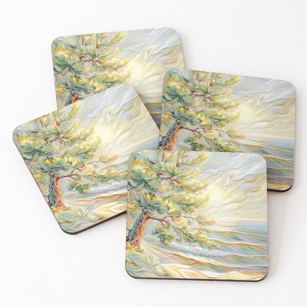 Item preview, Pine Tree Ocean Sunset Art, Pastel Coastal Landscape designed and sold by MargaretWiktor.
