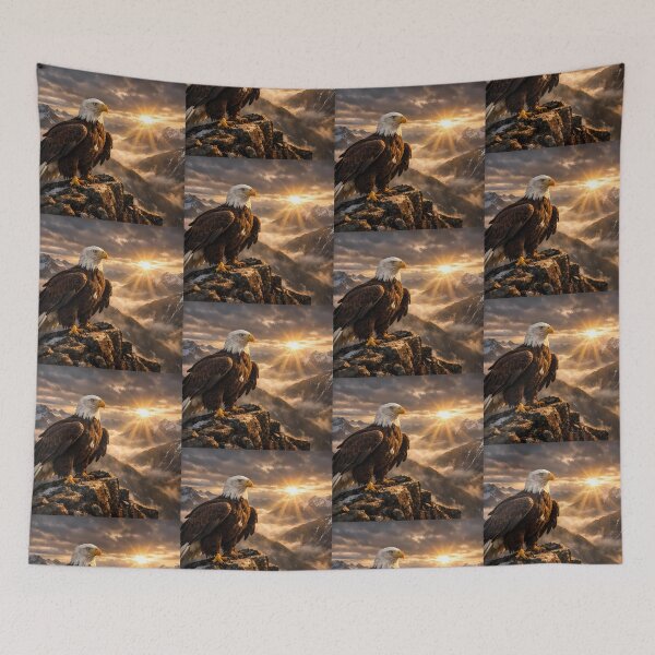 Item preview, Majestic Bald Eagle Perched On A Rocky Mountain Peak During Golden Sunrise designed and sold by Dreamy Armine Art.