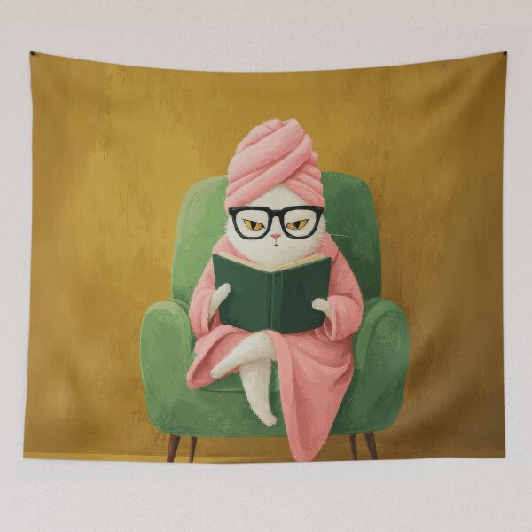 Item preview, Cozy Bookworm Catcore with Pink Spa Towel and Chic Glasses designed and sold by MysticMarble.