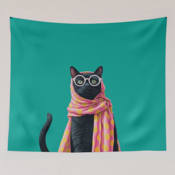 Item preview, Retro Glam Black Cat Chic with Polka Dot Scarf and Glasses designed and sold by MysticMarble.