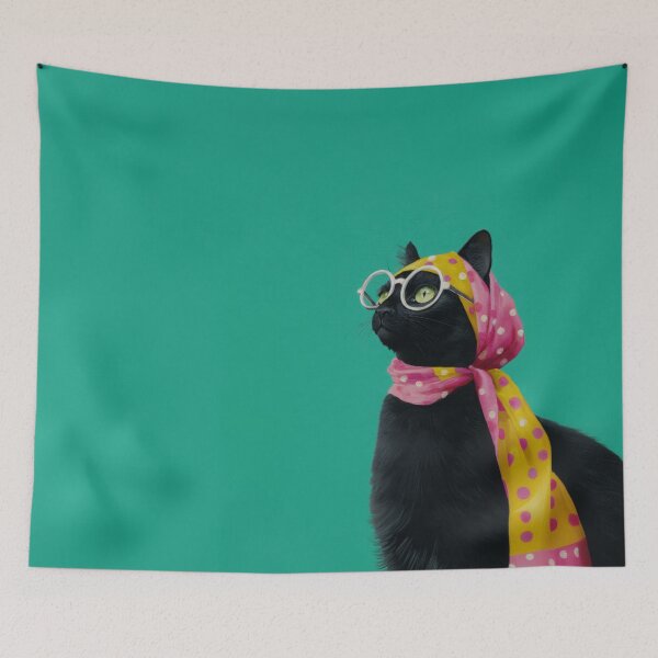Item preview, Retro Pinup Black Cat Chic with Polka Dot Scarf and Glasses designed and sold by MysticMarble.