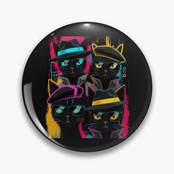 Item preview, Noir Spy Cat Quartet Neon Secret Agent Black Cats designed and sold by ZunZunArt.