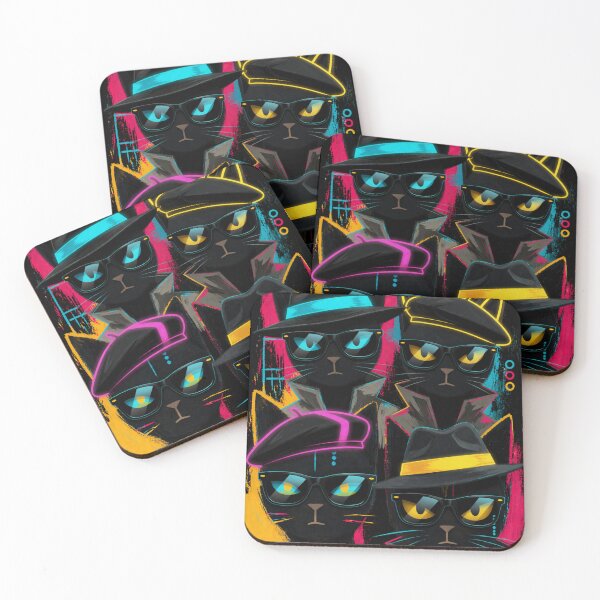 Item preview, Noir Spy Cat Quartet Neon Secret Agent Black Cats designed and sold by ZunZunArt.