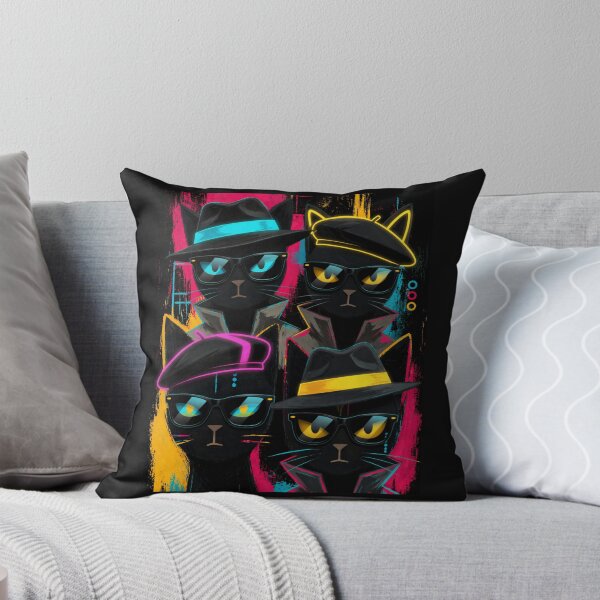 Item preview, Noir Spy Cat Quartet Neon Secret Agent Black Cats designed and sold by ZunZunArt.