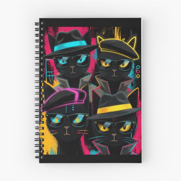 Item preview, Noir Spy Cat Quartet Neon Secret Agent Black Cats designed and sold by ZunZunArt.