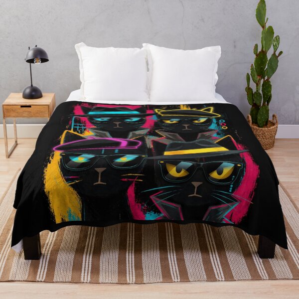 Item preview, Noir Spy Cat Quartet Neon Secret Agent Black Cats designed and sold by ZunZunArt.