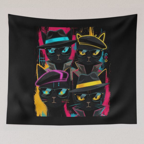 Item preview, Noir Spy Cat Quartet Neon Secret Agent Black Cats designed and sold by ZunZunArt.