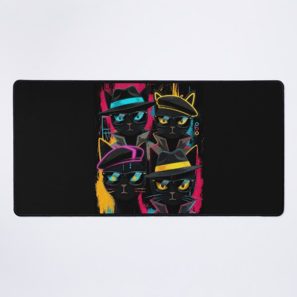 Item preview, Noir Spy Cat Quartet Neon Secret Agent Black Cats designed and sold by ZunZunArt.